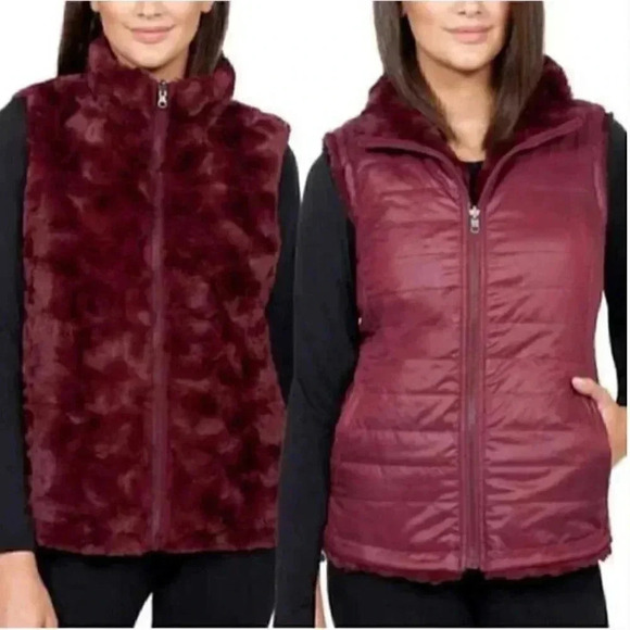 Nicole Miller Original Women S Fuax Fur Lined Reversible Quiled Zip Up Vest Wine - Picture 13 of 13